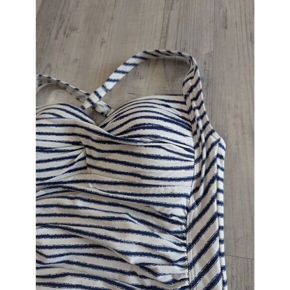 Niptuck Santorini Swim Suit women's size 8 multi cup blue white striped ruching - Picture 2 of 7